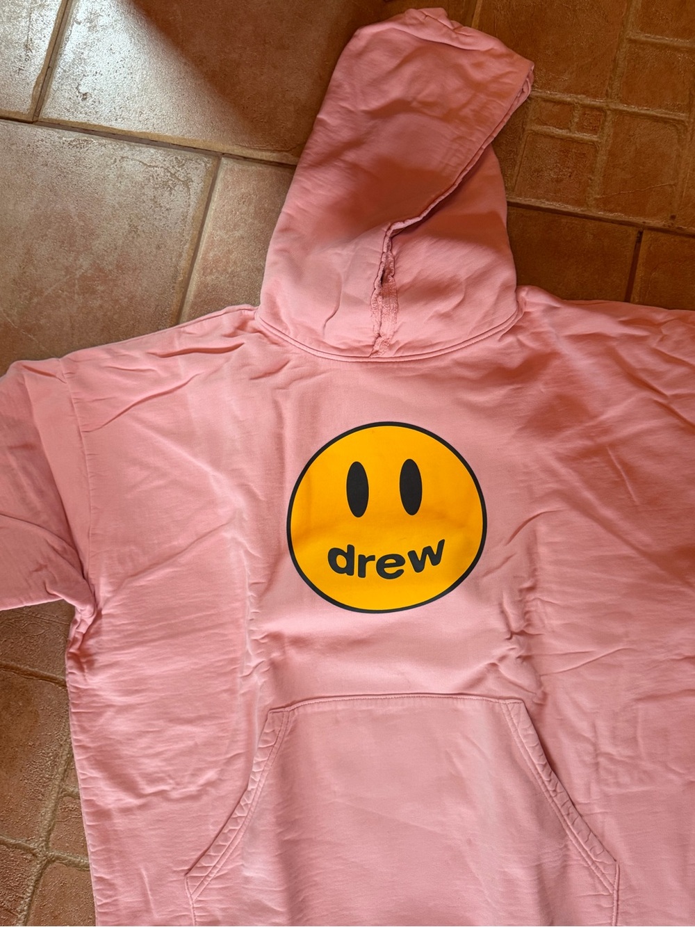 drew house Pink Hoodie with Yellow Smile Logo